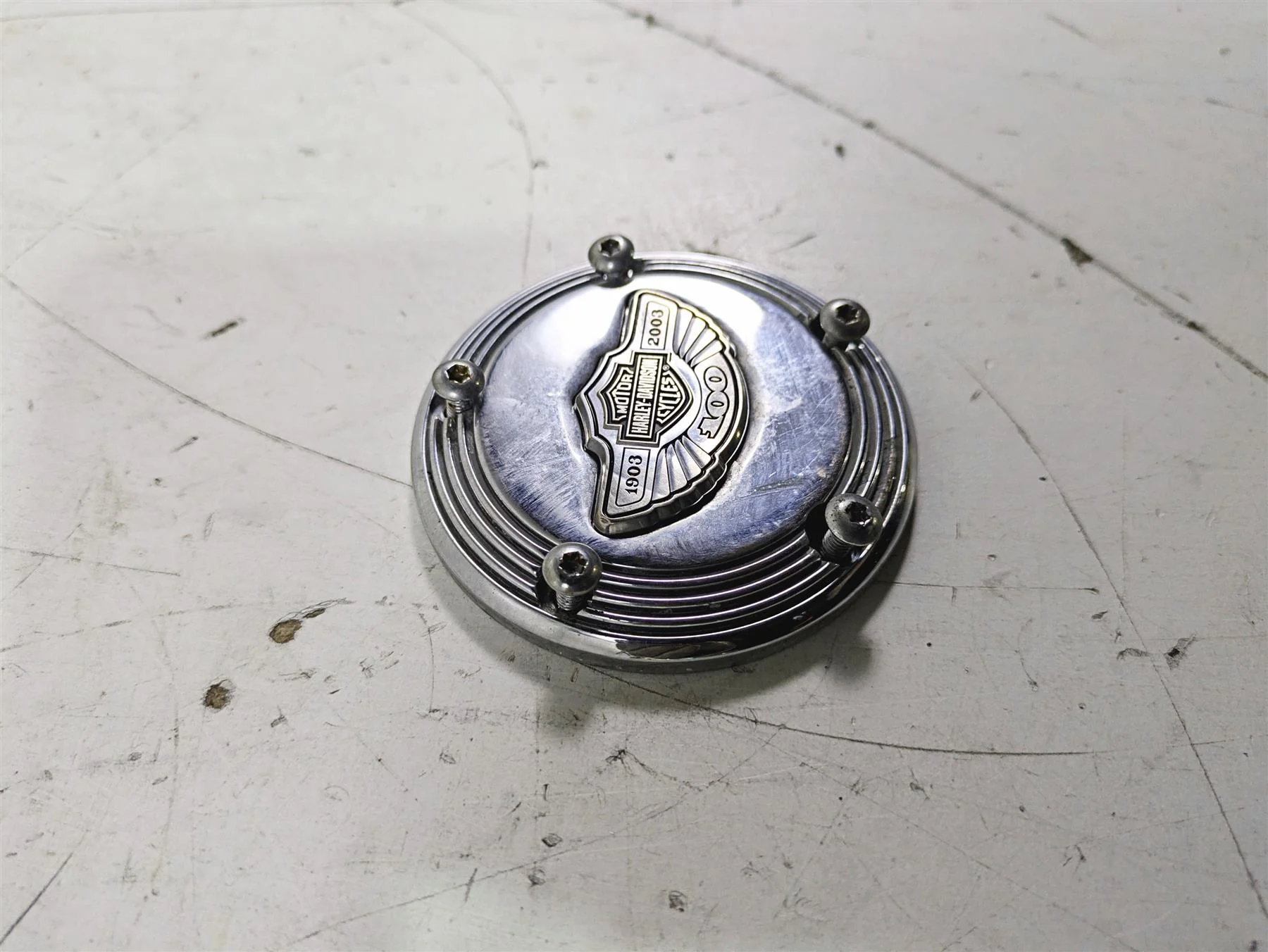 2003 Harley Touring FLHTCUI E-Glide 100th Chrome Cam Camshaft Cover 32536-03 - Image 3